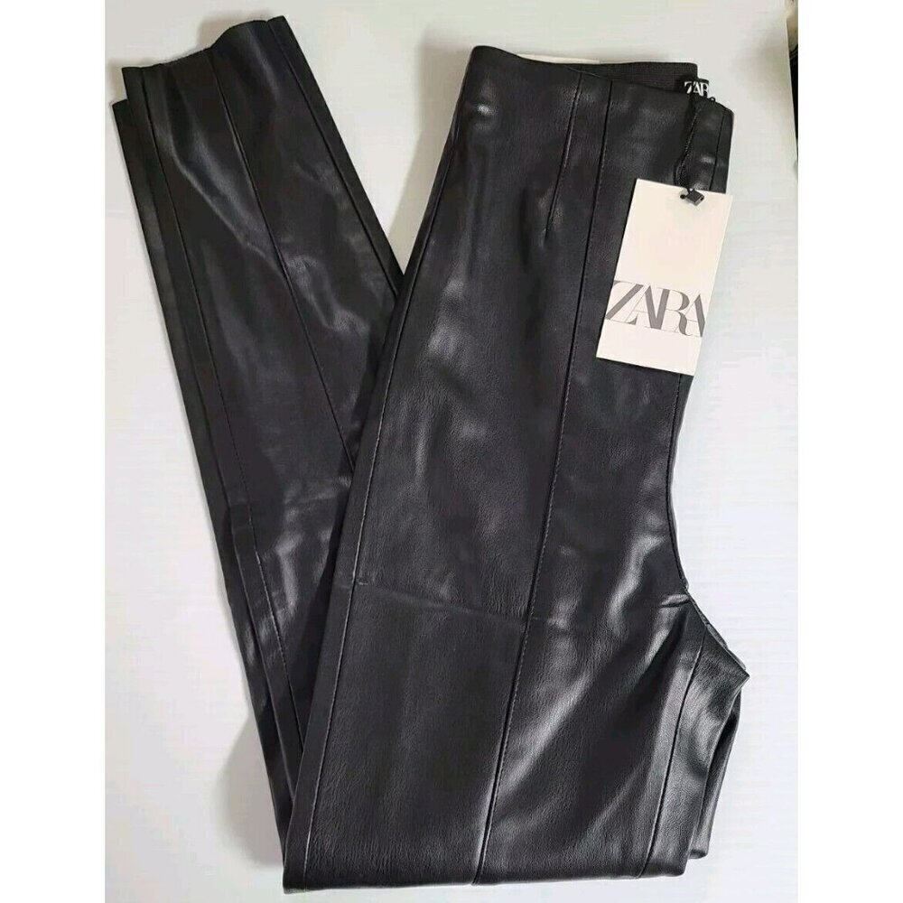 ZARA Black faux leather leggings high Waisted rise ankle pants siz Xs 8372 294